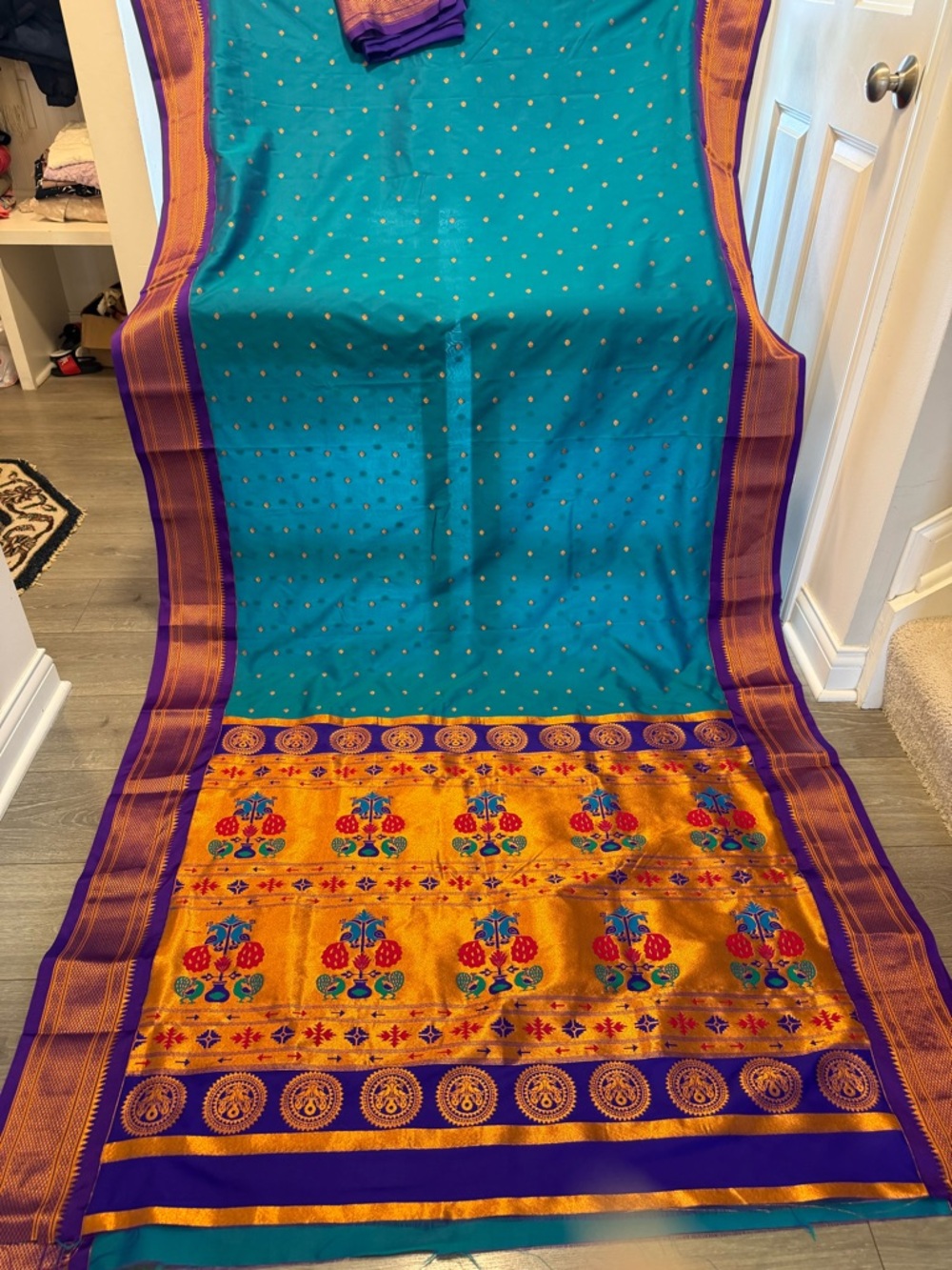 Vibrant Teal & Gold Wedding  woman saree sari